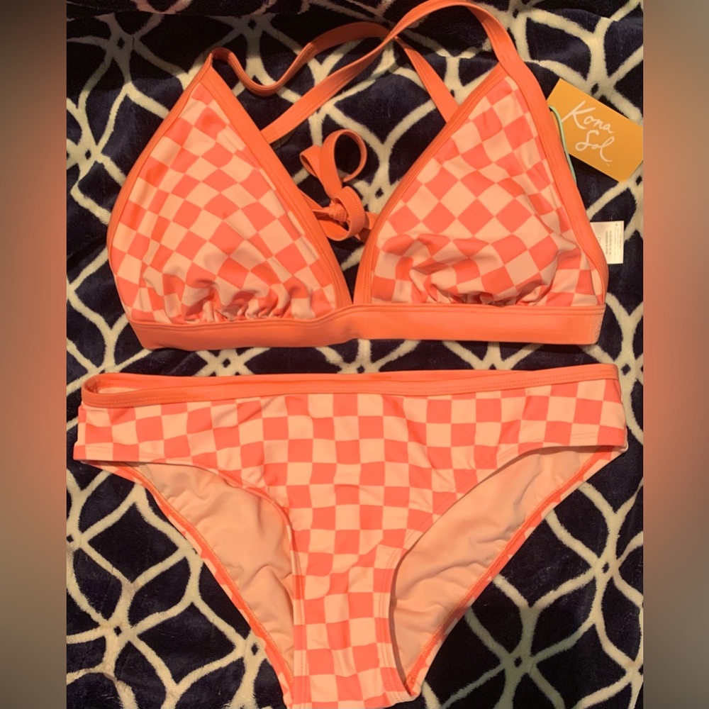 Kona Sol Floral Checkered Bikini - Med Bottom, D/DD Top - New with Tags